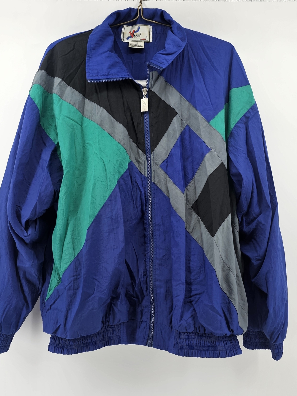 Vintage Vizor Colorblock Windbreaker Jacket Blue Teal Geometric 80s 90s Size L